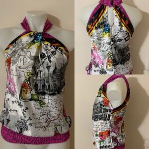 Cache Multicolor Halter Silk-Blend Printed Blouse with Magenta Trim